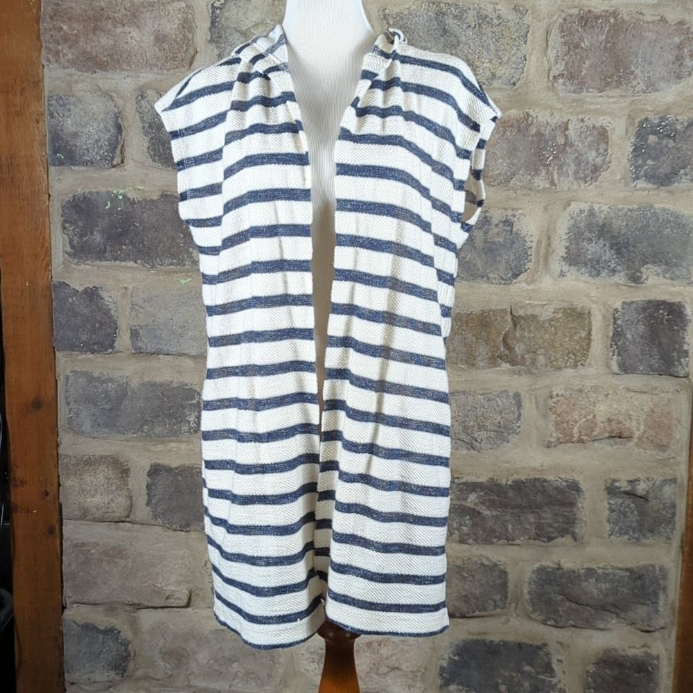 Lou & Grey Vest Cover Up Blue White Striped Open Front Hooded Pockets Beach